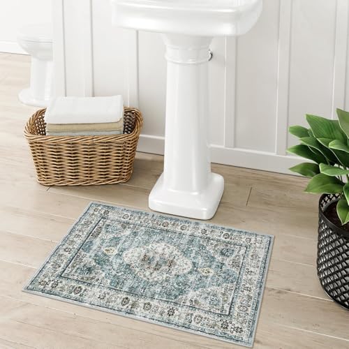 image for Uphome Blue Bathroom Rugs, Distressed Farmhouse Boho Bath Mat, Comfy V