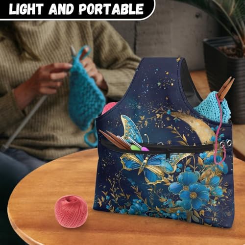 Image of KUIFORTI Butterfly Yarn Bag Blue Knitting Bags Crochet Bag Organizer, Drawstring Yarn Storage Knitting Bags, Yarn Holder for Crocheting Project, Store Skein Ball, Needles Accessories Large Size