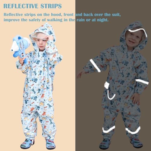Kids Toddler Rain Suit for Boys Girls One Piece Hoodie Zipper Cartoon Waterproof Coverall Rain Jacket 2-5 Years M Size — view 3