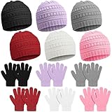 Suhine 12 Pcs Kids Knit Beanies Hats Gloves Winter Set for 5-10 Unisex Warm Cold Weather Full Fingers Gloves for Boys Girls(Fashion Color)