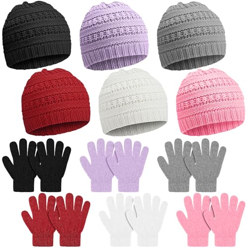Suhine 12 Pcs Kids Knit Beanies Hats Gloves Winter Set for 5-10 Unisex Warm Cold Weather Full Fingers Gloves for Boys Girls(Fashion Color)