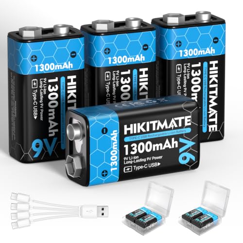 HIKITMATE 9V Lithium Rechargeable Batteries 1300mAh (4 Pack)