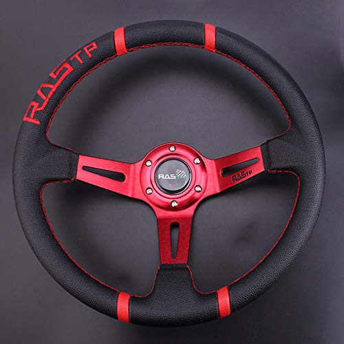 Rastp Universal Racing Steering Wheel,Deep Dish Steering Wheel Leather Embroidery 13.58”/345Mm 6 Bolts With Horn Button Include Cable, Wrench,Red #TOP5