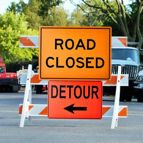Marsui 3 Pcs Road Sign Kit Include 10” x 14” Right and Left Arrow Detour 12” x 16” Road Closed Sign for Construction Area Caution Danger Safety Security Warning Notice Traffic and Parking