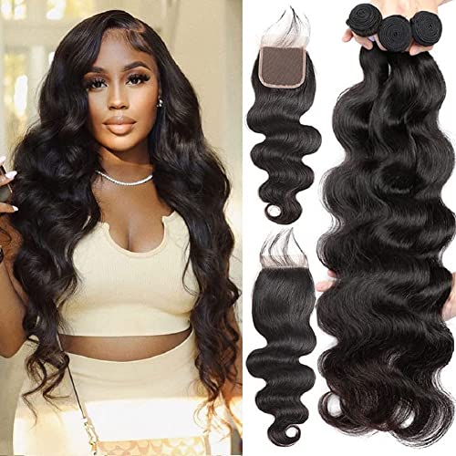 10A Body Wave Human Hair Bundles with Closure(26 28 30+22) Brazilian Body Wave Bundles with Closure Human Hair HD Lace 100% Unprocessed 3 Bundles Virgin Hair Weave Bundles Human Hair with Closure