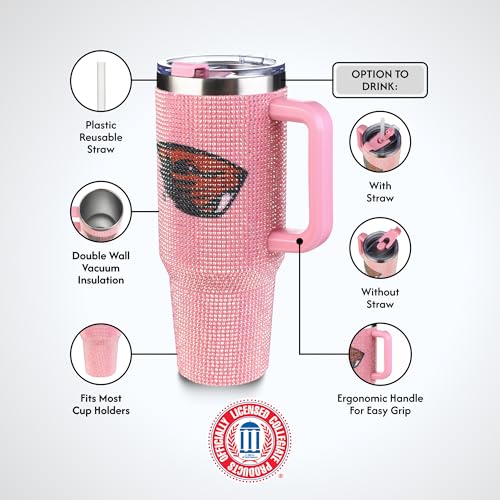Image of The Memory Company NCAA Pink Bling 40oz Stainless Steel Water Tumbler, Double Wall Vacuum Insulated Game Day Bottle, Rhinestone Design with Handle Lid and Straw