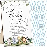 Geetery 51 Pcs Don't Say Baby Game Sign Cool Baby Shower Game 50 Pacifier Necklace Wooden Don't Say Sign Plastic Pacifier Party Favor for Gender Reveal(Animal,Blue)