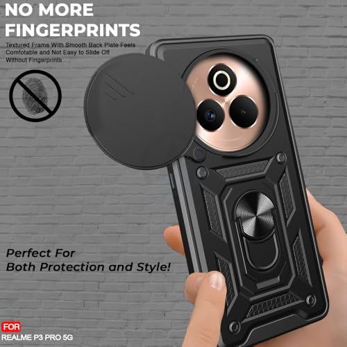 Image of AESTMO Tough Armor Realme P3 Pro 5G Bumper Back Case Cover | Ring Holder & Sliding Camera Shield Cover | 360 Degree Protection Back Case Cover for Realme P3 Pro 5G (Black)