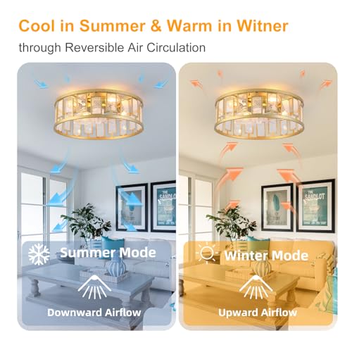 Image of Garwarm 20IN Caged Ceiling Fan with Light,Flush Mount Ceiling Fans with Lights and Remote,Bladeless Fandelier Low Profile Ceiling Fan Light Fixture for Bedroom,Kitchen,Dining Room, Gold