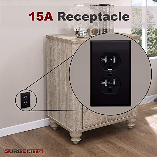 SURGERITE [1 Pack] Black, 20A Duplex Receptacle Outlet, Tamper-Resistant, Residential Grade, 3-Wire, Self-Grounding, 2-Pole, 125V, UL Listed