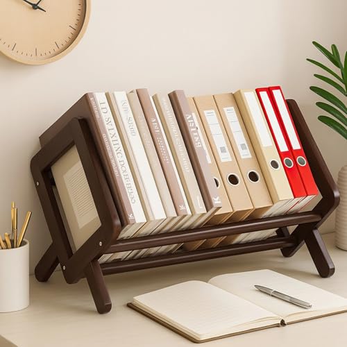 Packool Organizador de estantería de madera para escritorio, estante para libros, revistero marrón retro, estantería compacta con marco inclinado para libros, revistas, archivos, 15.7 x 10.2 x 9.8 - imagen 3