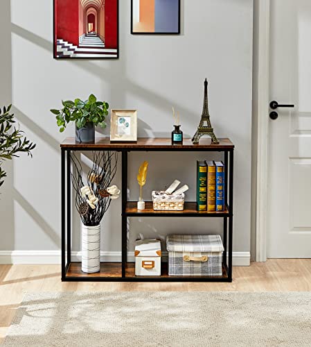 Image of WOHOMO Metal Console Table, Tall Narrow Sofa Table & Tv Stand With 3-Tier Storage Shelves, 40 Inch Industrial Entryway Table For Living Room, Corridor, Hallway, Rustic Brown
