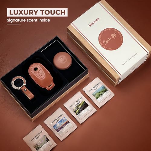 Image of Keyzone Premium Leather Key Cover & AC Vent Car Perfume Combo (4 Fragrances) | Compatible for Mercedes Benz S-Class, G-Class, E-Class 2022 Onwards 3 Button Smart Key (Brown)