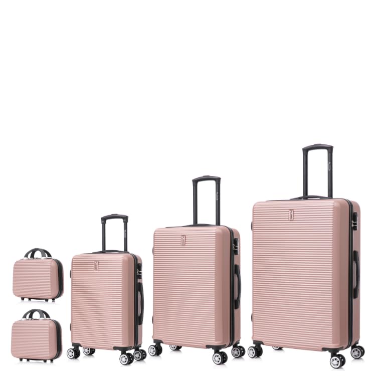 CELIMS - Set Valises Rigides 5 Pièces avec 2 Vanity | Cabine, Moyenne, Grande | Bagage Cabine & Valise Soute ABS 4 Roues 360° Voyage | Rose Gold