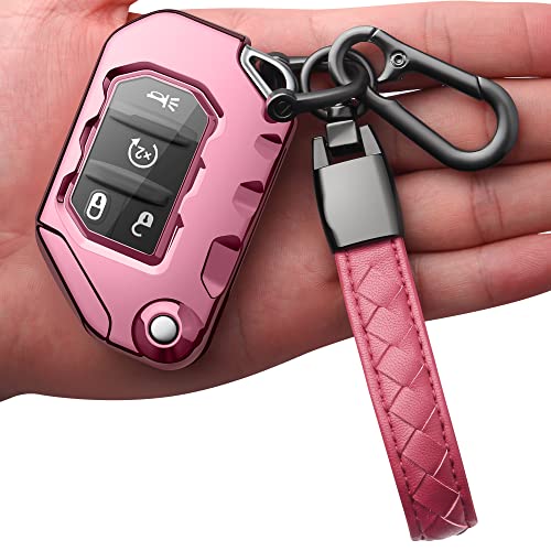 Image of Compatible with Jeep Key Fob Cover With Leather Keychain Soft TPU Protection Key Case for 2018-2026 Wrangler JL JLU Rubicon Wagoneer Gladiator JT Sahara JLU Remote Key (Pink)