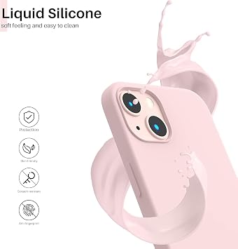 URUCHI iPhone 13 ile Uyumlu Kılıf, İçi Kadife Kaplamalı İnce Sıvı Silikon Tam Koruma Yumuşak Jel Silikon Kapak, Pudra Pembe