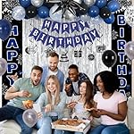 Blue and Black Birthday Decorations for Men Women Boys, Happy Birthday Decorations Banner Balloons Tablecover Fringe Curtain Door Banner Blue Silver, Mens Boy Bday Party Decoration Supplies Decor - Image 4