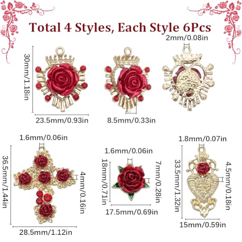 SUNNYCLUE 1 Box 24Pcs Valentines Day Baroque Rose Charms Alloy Gold Flower Charm Scared Heart Red 3D Cross Roseflower Charm for jewellery Making Charms DIY Necklace Bracelet Crafting Earring Decor - Image 2
