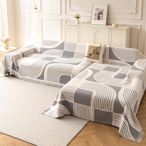 WEYOND Funda de sofá de chenilla para sofás en L, funda de sofá lavable de estilo bohemio con funda para chaise longue para sofás de esquina (180 x 300 cm + 180 x 300 cm, gris)