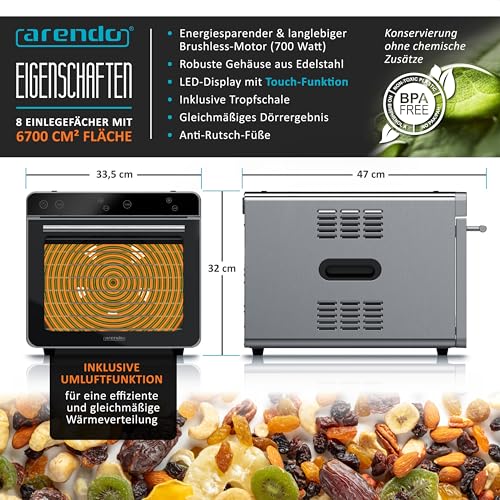 Arendo - Dörrautomat Edelstahl mit 8 Edelstahlgitter - 700 W - 35°-85°C - 8 Edelstahl Einlegetabletts mit insgesamt 6700 cm² - Dörrgerät Dehydrator Obsttrockner Dörrapparat - Obst Fleisch Pilze uvm – Bild 3