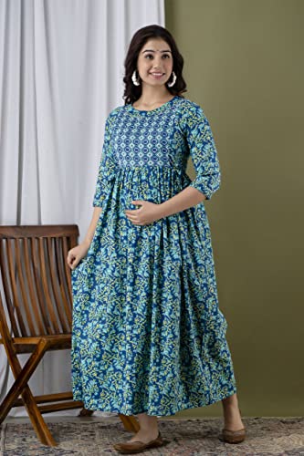 Image of JAIPURFAME Maternity Feeding Kurti with Zipper | Cotton Floral Printed Pregnancy & Nursing Dress | Comfortable & Stylish Maternity Wear for Women | Breastfeeding Kurta with Zipper | Soft & Elegant
