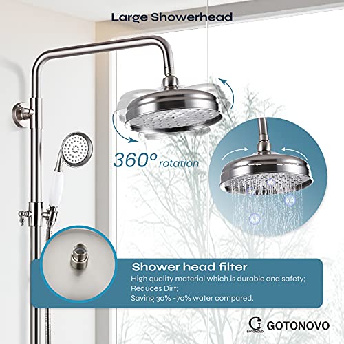 Brushed Nickel Exposed Shower System Fixture Set 8 Rain Shower Head 2 Double Knobs Cross Handle Shower Faucet Combo System Unit Set Dual Function Brass(No Tub Spout) … #TOP5