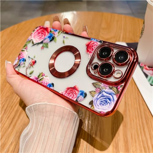 Étui iPhone 13 Pro Max transparent de luxe avec placage rouge chic et protection d'objectif rose