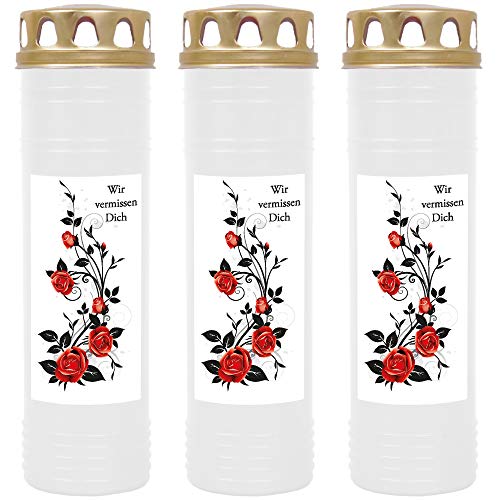HScandle Lot de 3 Bougies funéraires avec couvercles dorés et Roses Blanc 170 h