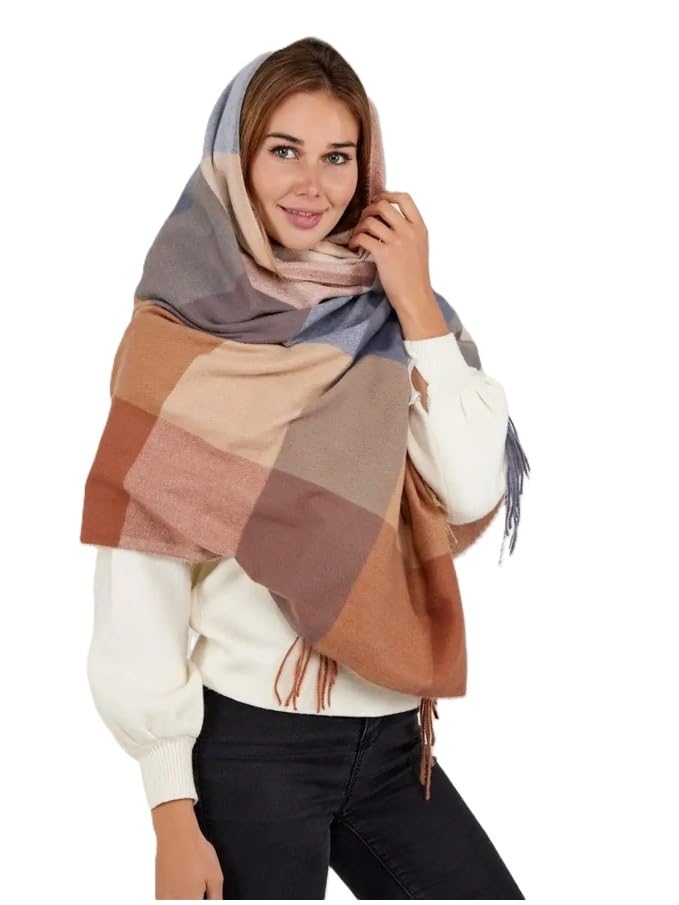 Image of Alexvyan Winter Warm Long Stoles Shawls Long Big Checked Scarves Woolen Female Casual Scarf Soft Wrap For Casual Formal Occassions 200Cm*70Cm (Brown & Multicolor)