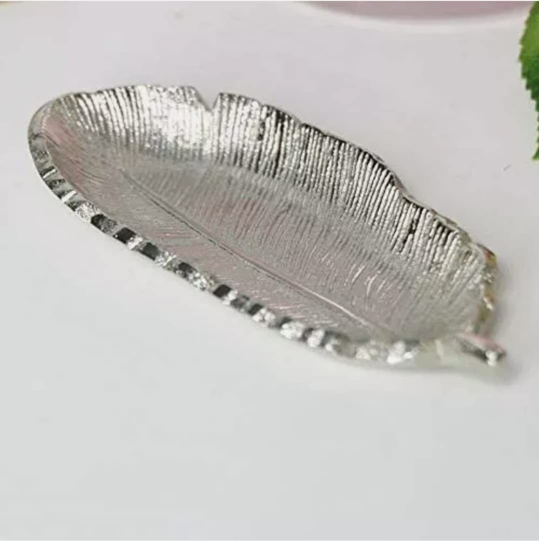 Carousel Stylish Metal Feather Trinket Dish | Display Plate Vanity Tray | Ring Holder Jewellery Plate Silver