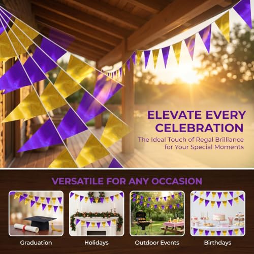 Image of 130FT Purple Gold Triangle Pennant Banner Flag Metallic Fabric Bunting Garland for Christmas Graduation Wedding Engagement Anniversary Bachelorette Birthday Bridal Shower Valentines Hen Party Supplies