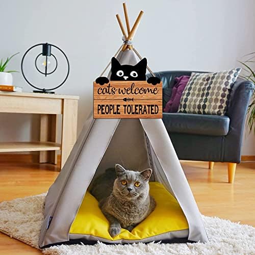 TOARTi Cat Sign,Black Cat Welcome Wood Plaque for Home Decor,Funny Cat Quote Cats Welcome, People Tolerated Door Hanging Decor,Pet Cat Lover Gifts for Outdoor Kitty Kitten Wall Art Pediment Pet Shop