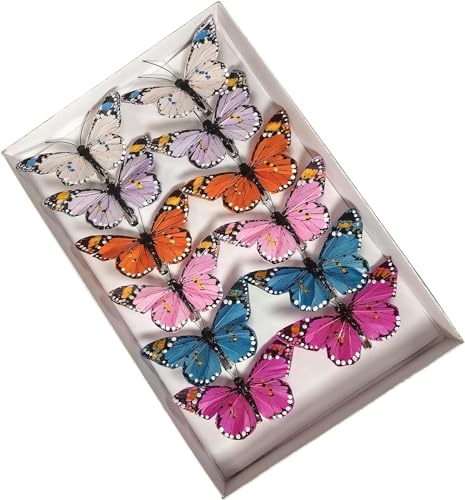 YCHTEWY - Lot de 12 papillons décoratifs en plumes multicolores vives sur clip - Décoration de...