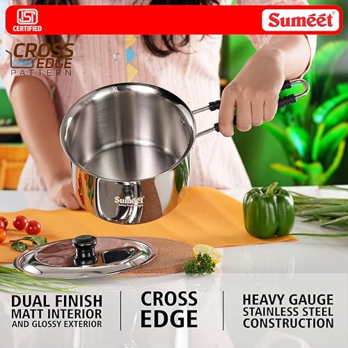 Image of Sumeet ISI Certified HeavyPly Premium Stainless Steel Cross Edge Induction & Gas Stove Friendly Saucepan /Milk Pan /Tea Maker with Lid - 1900ml