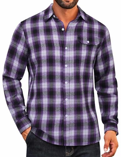 COOFANDY Men's Casual Dress Long Sleeve Plaid Checkered Fitted Flannel Shirt Purple Black Plaid