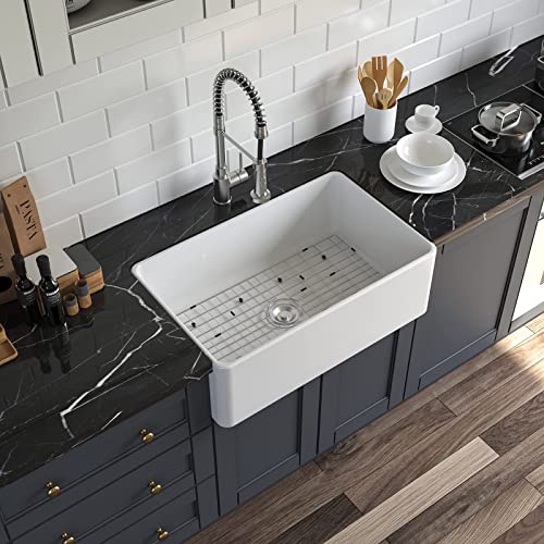 Horow Hrsw Farmhouse Kitchen Sink, 30-Inch Single Bowl Sink With Bottom Grid & Strainer, Large Apron-Front Ceramic Porcelain Sink Basin, 18"D X 30"W X 10"H, White #TOP2
