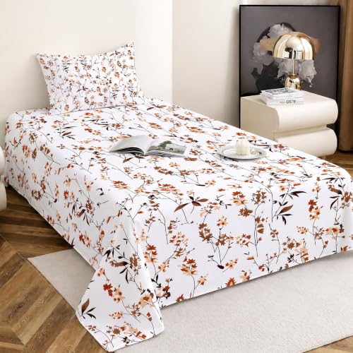 Image of IVAZA 260 TC Soft Ezyption Cotton Floral Single Bed Sheet - Single bedsheet with 1 Pillow Cover Hypoallergenic, Brethable, (Size- 90 x 60 Inch Rust Orange
