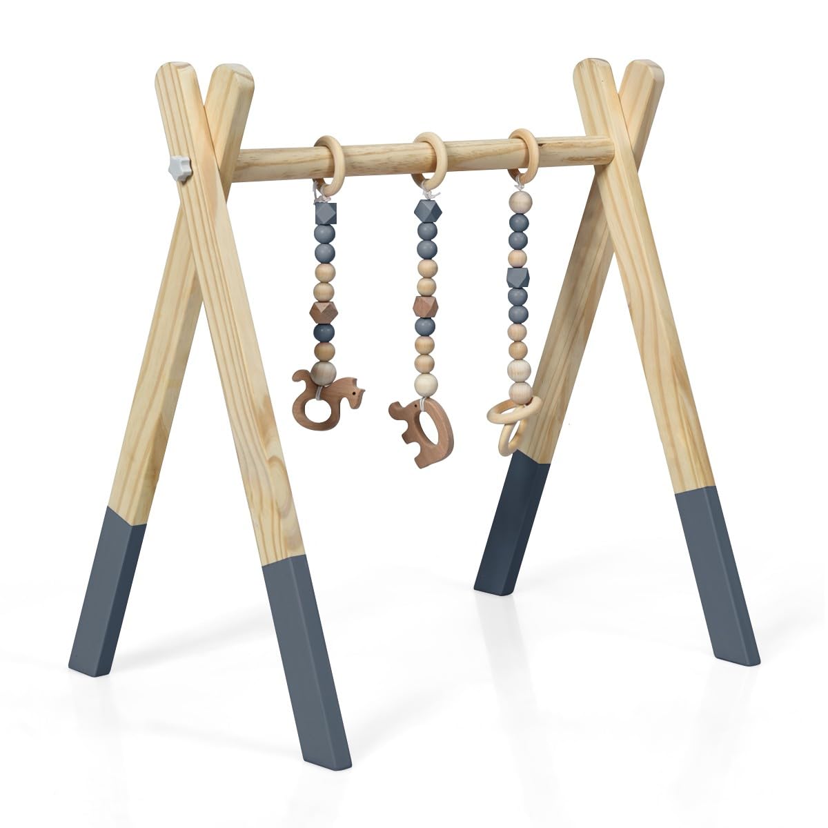 LIFEZEAL Gimnasio Bebé, arco de juego de madera para bebés, equipo de juego para bebés con 3 juguetes, gimnasio plegable para bebés a partir de 3 meses(Gris)