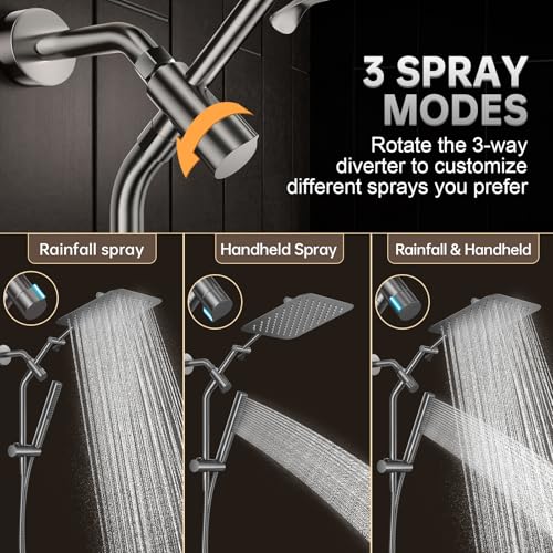 Image of Veken All Metal 10 inch Shower Head with Handheld, Luxurious Square Double Rain Shower Heads with Spray Combo, Dual High Pressure Detachable Rainfall Showerhead with Extension Arm, Long Hose,Gunmetal Gray
