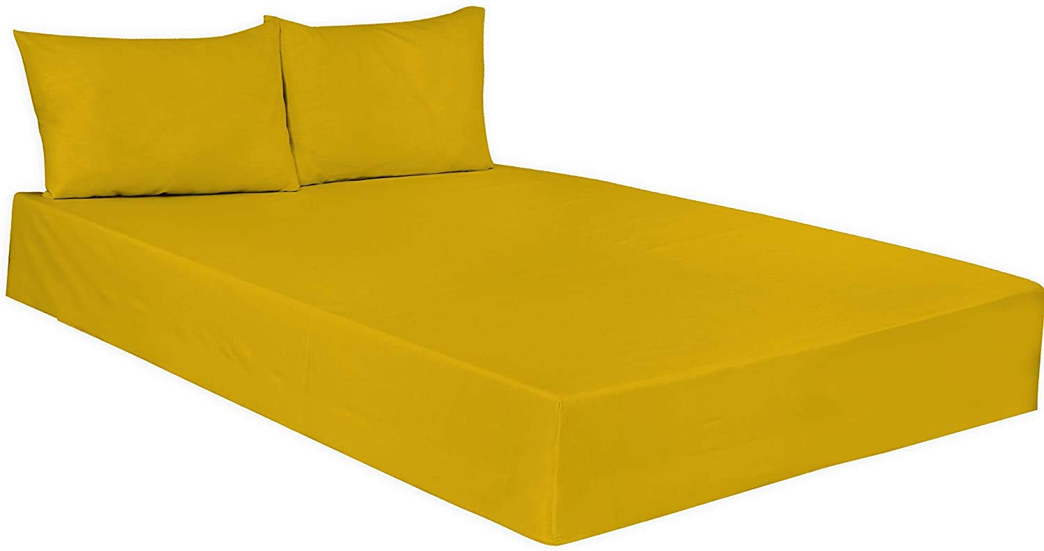 Plain Dyed Poly Cotton Fitted Bed Sheets 25CM- Elasticated Corner- Lightweight Easy Care Soft, Attractive Colours -Single Double King Super King (Mustard, Single: (90x190cm) Approx.)
