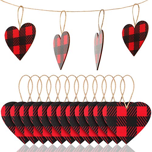 Jetec Valentine Red Buffalo Plaid Ornament Red Plaid Hanging Ornament Wooden Heart Embellishment Heart Wooden Slice for Christmas Holiday Party Decor(12 Pieces)
