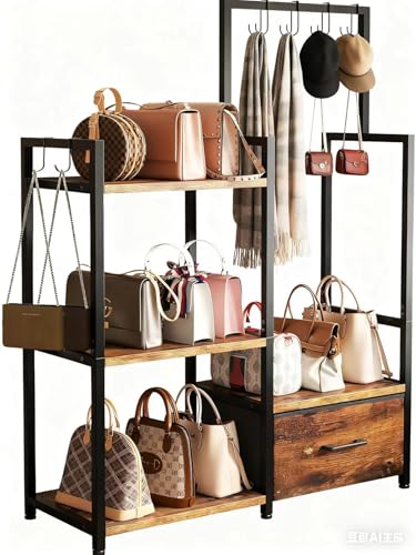 Kyafal Industrial 4-Tier Storage Shelf with Drawer & Hanging Hooks - Metal & Wood Entryway Organizer Rack for Bedroom, Living Room - Freestanding Clothing Coat Rack with Multi-Level Shelves (Brown)