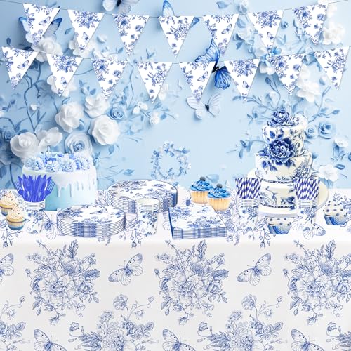 Image of Blue and White Floral Party Tablecloth Decorations, 3pcs Disposable Elegant Dusty Blue Flower Party Supplies Table Cover, for Birthday Baby Bridal Shower Wedding Chinoiserie Decor, 86in x 55in