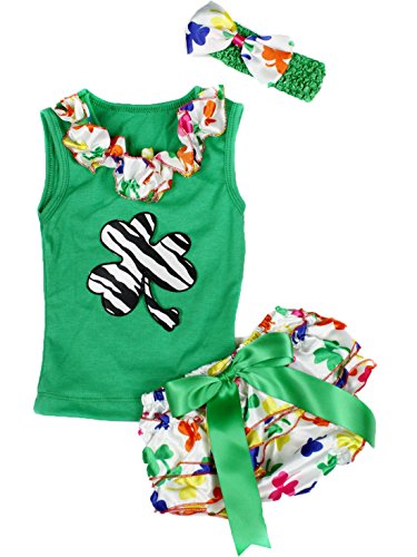 St Patrick Day Dress Zebra Clover Green Shirt Rainbow Leafs Bloomer Set 3-12m (Green)