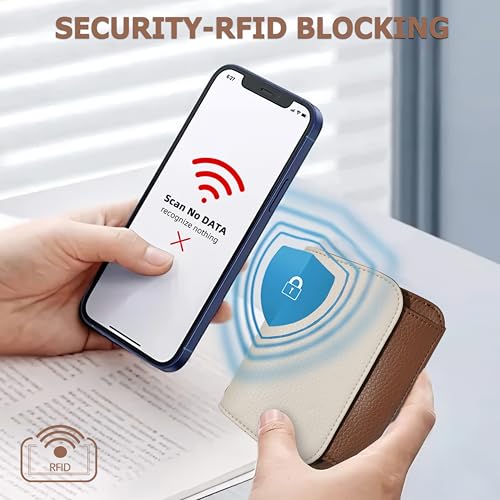 Image of Women Small Wallet RFID Blocking Slim Wallet with Coin Pocket Tri-Fold Credit Card Holder with ID Window and Keychain(Beige&Brown)