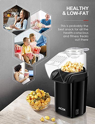 Hot Air Popcorn Popper, AICOK 1200W Fast Popcorn Maker with Measuring Cup, Easy to Clean, Oil-Free & Low-Fat, Black - Thumbnail 4