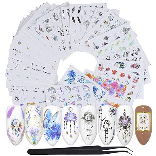 Wokoto 40 Sheets Water Transfer Nail Art Decals With 1Pcs Tweezers Unicorn Flower Feather Nail Wraps Sticker Manicure Kits For Women #TOP10