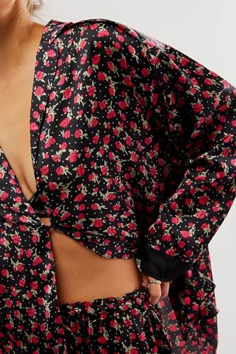 Image of LILTWIST Silk Satin Pajamas Set for Women 2 Piece Floral Pjs Wide Leg Lounge Pants Set Long Sleeve Button down Pj Shirts Set