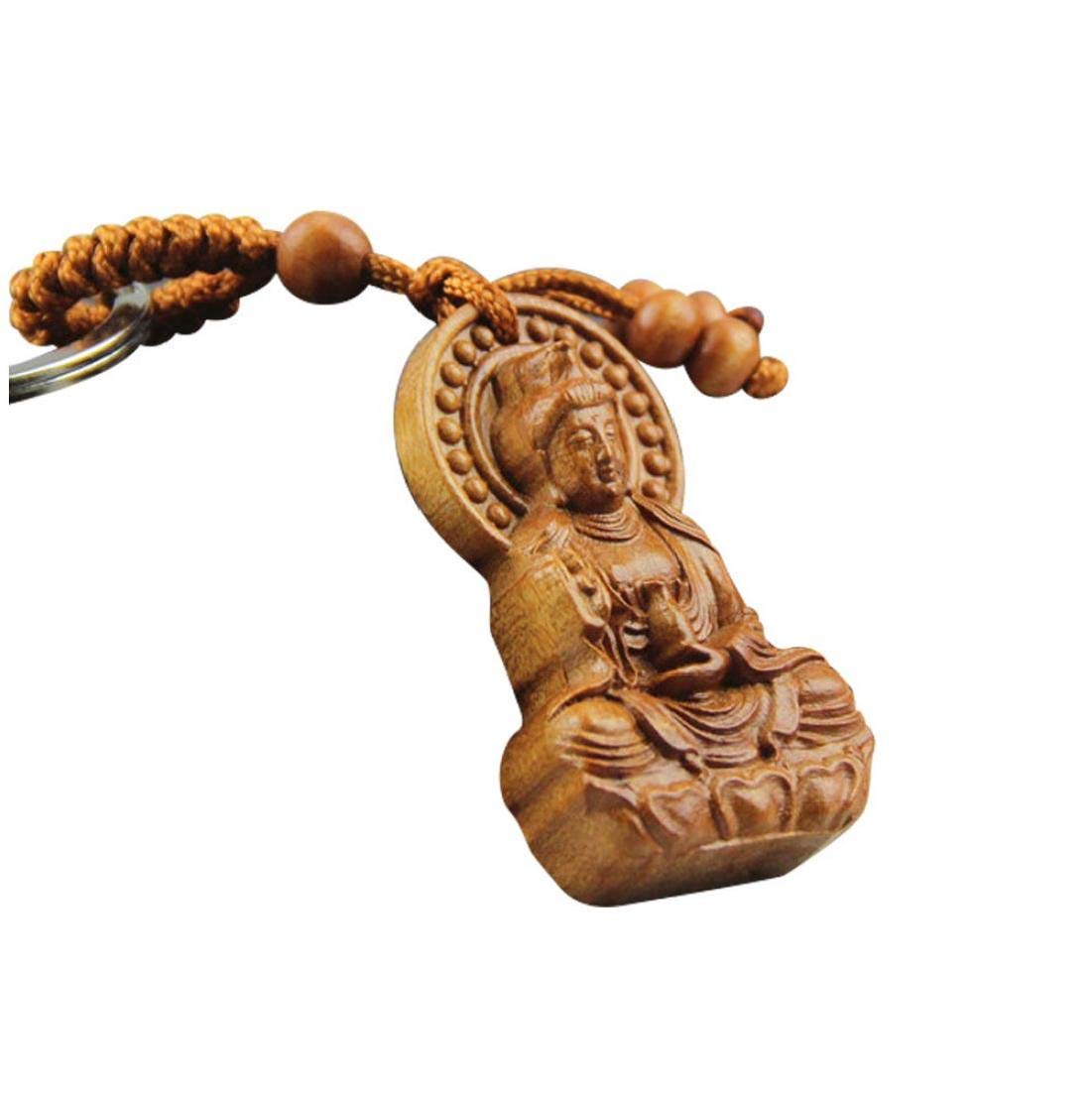 Lankater Brown Keyring Wood Carving Buddhism Guan Yin Buddha Statue Pendant Key Ring