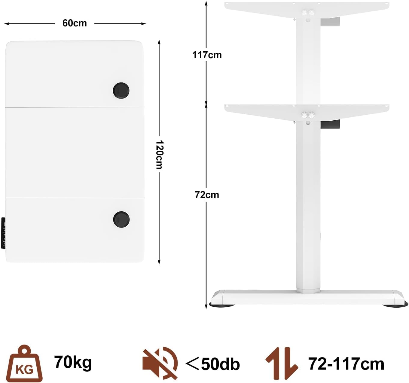 Devoko Biurko stojące i siedzące 120 x 60 cm z podstawą na monitor, elektryczne biurko z regulacją wysokości z 2 wysokościami pamięci do pracy